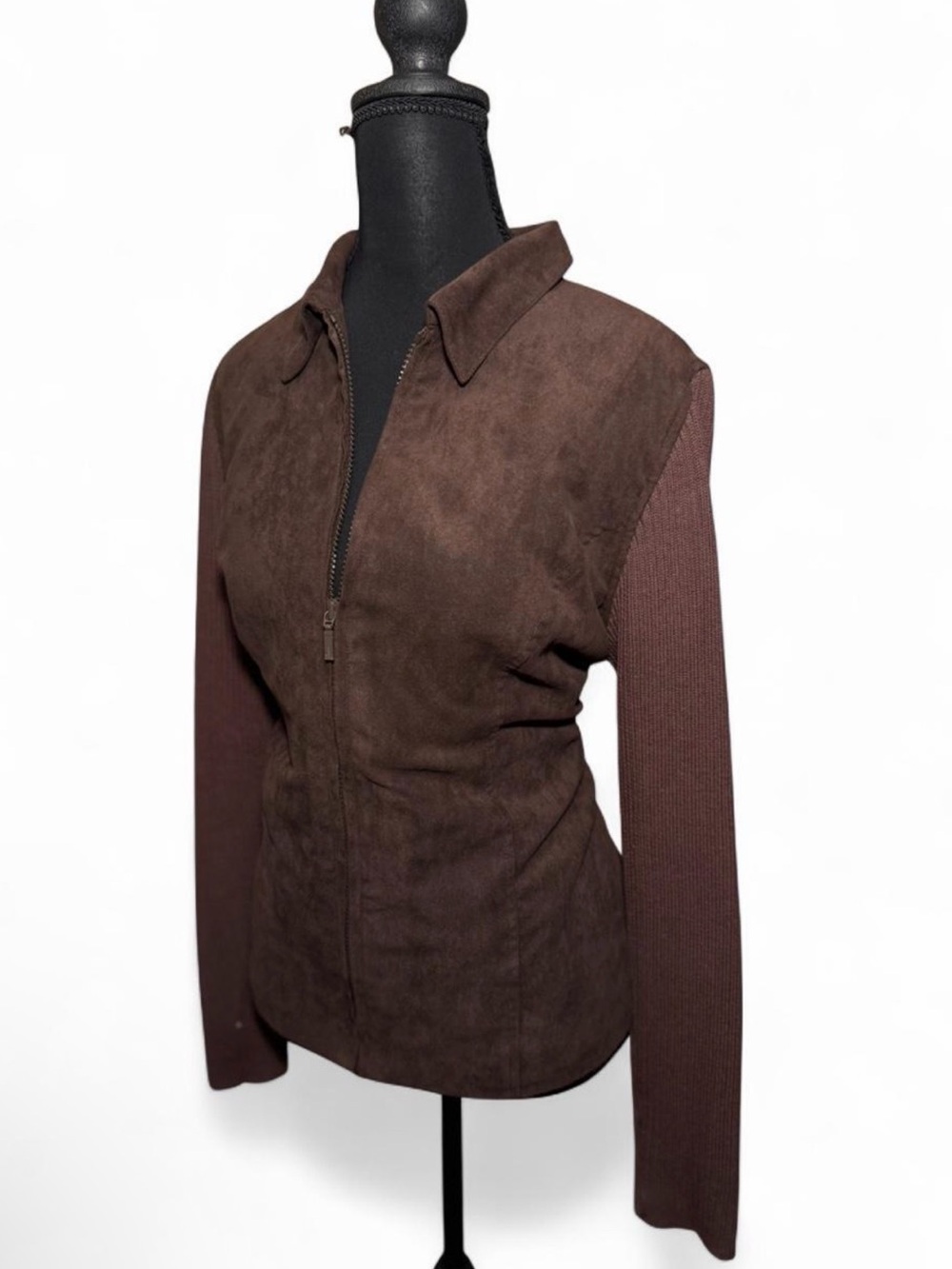 Studio Works Brown Suede-Front Bomber Jacket with Knit Sleeves